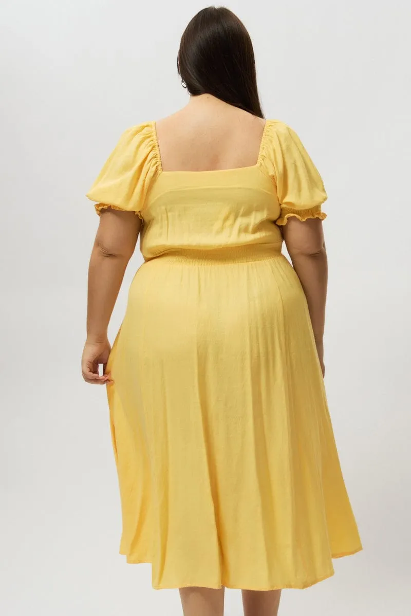 Yellow Midi Dress Short Sleeve Tie Front Chiffon Air