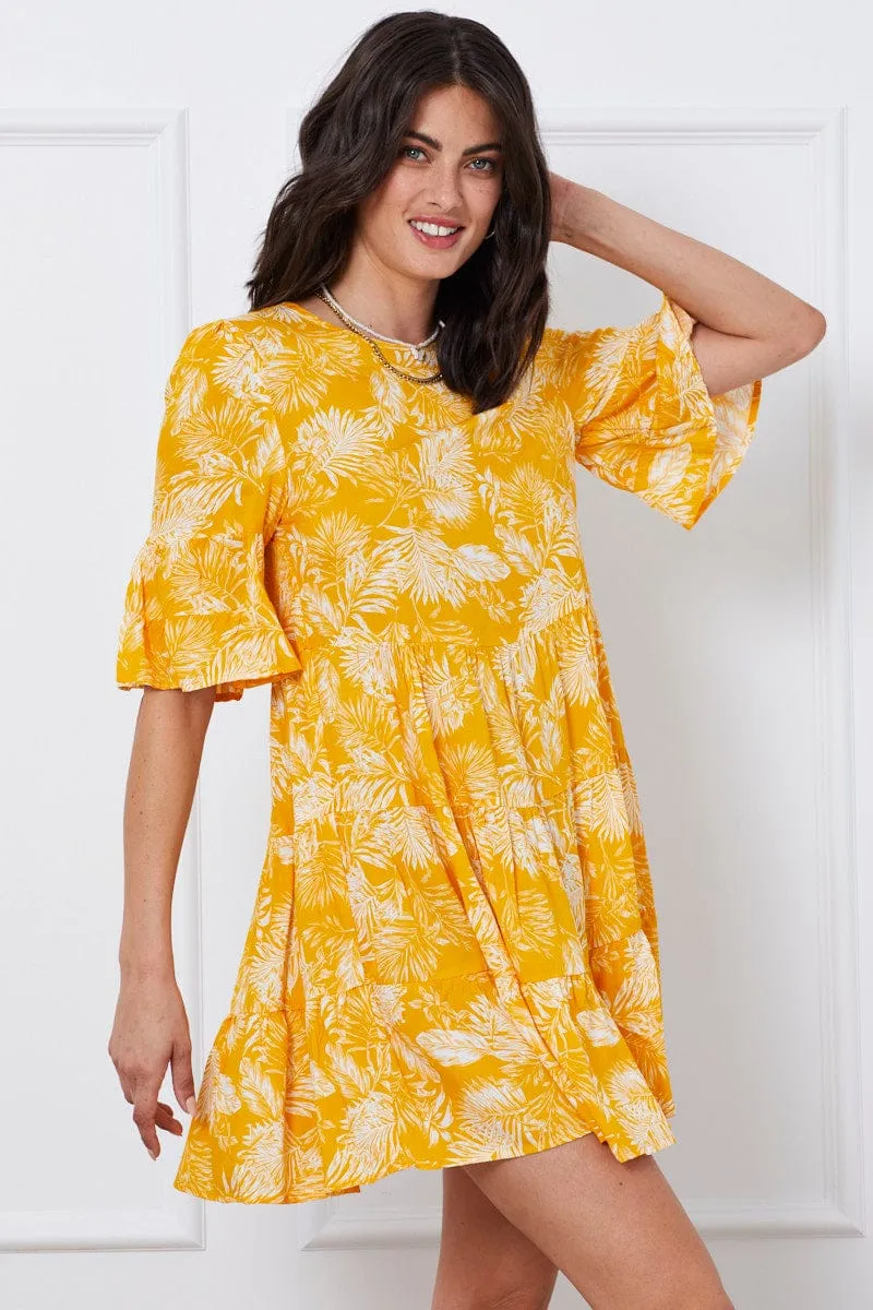 Trop Print Mini Dress Short Sleeve Comfort Look Uniform Drape