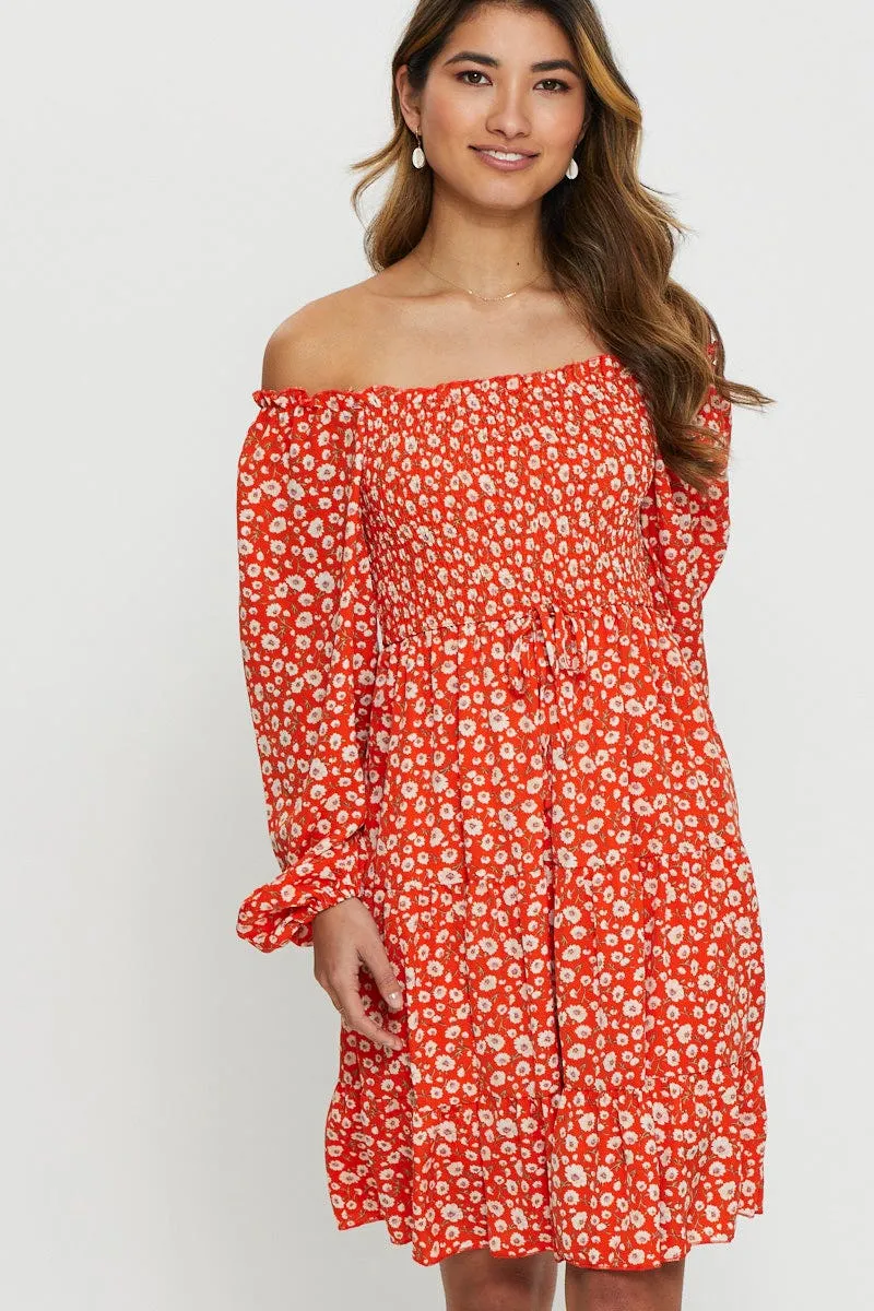 Print Mini Dress Off Shoulder Feminine relaxed mini