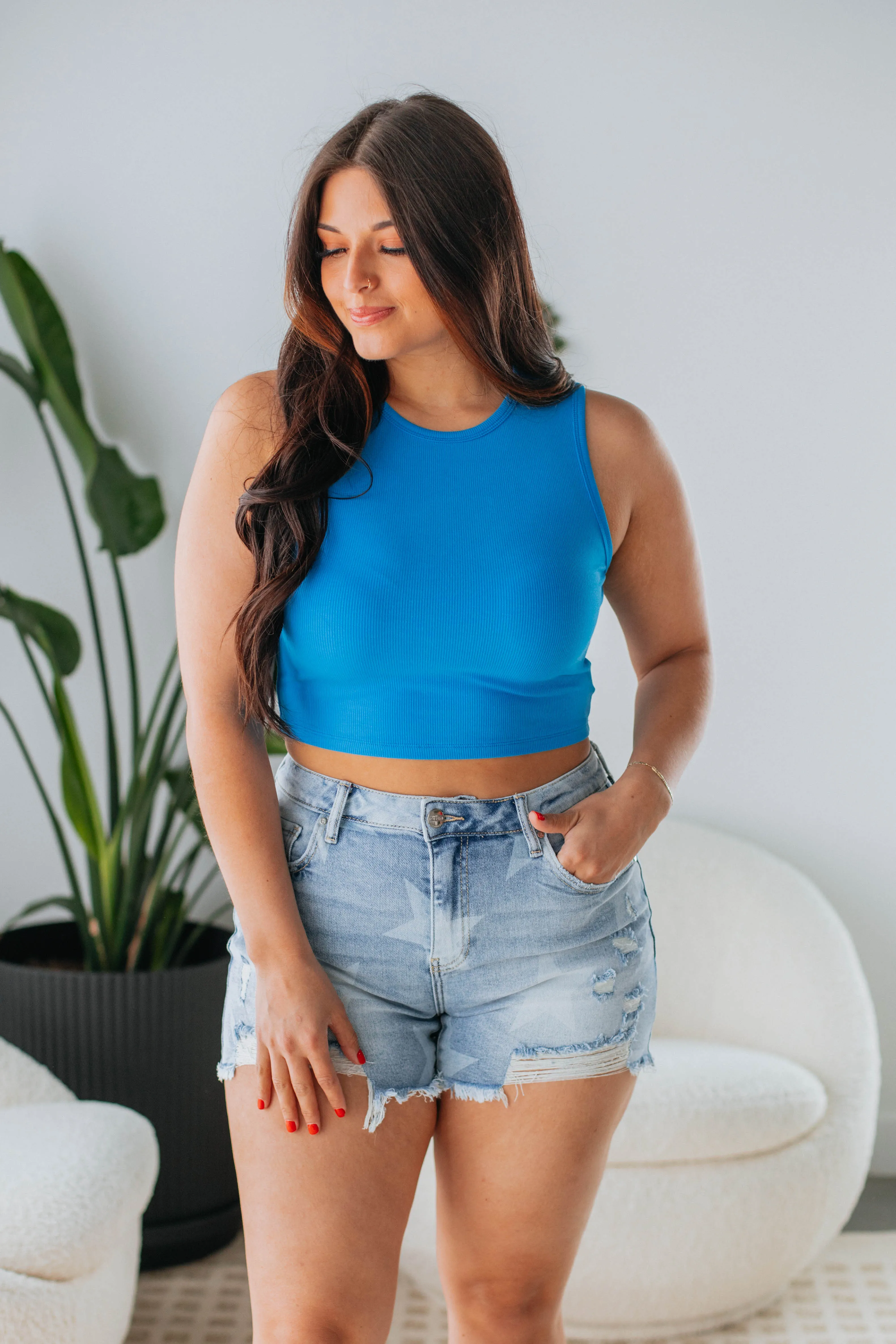 Willa Ribbed Tank - Cerulean Workout Ready Fabric