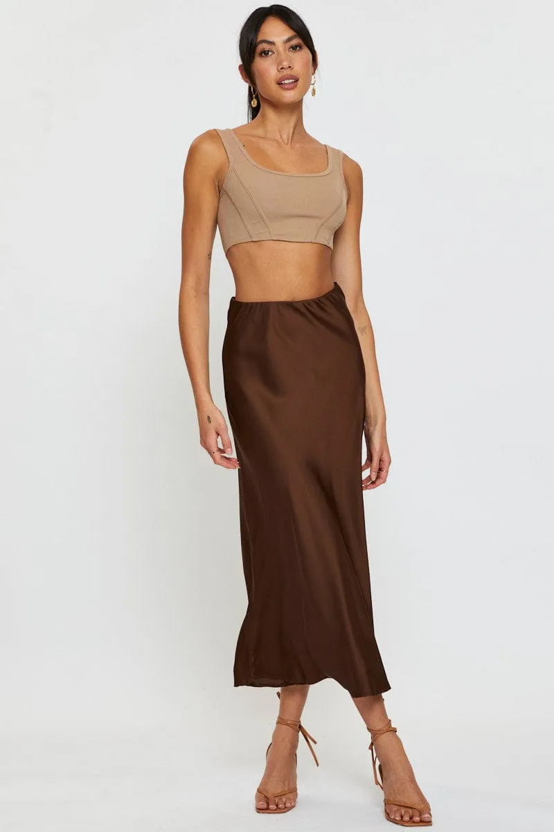 Lift Mode Brown Crop Tank Top Sleeveless Round Neck Seamless