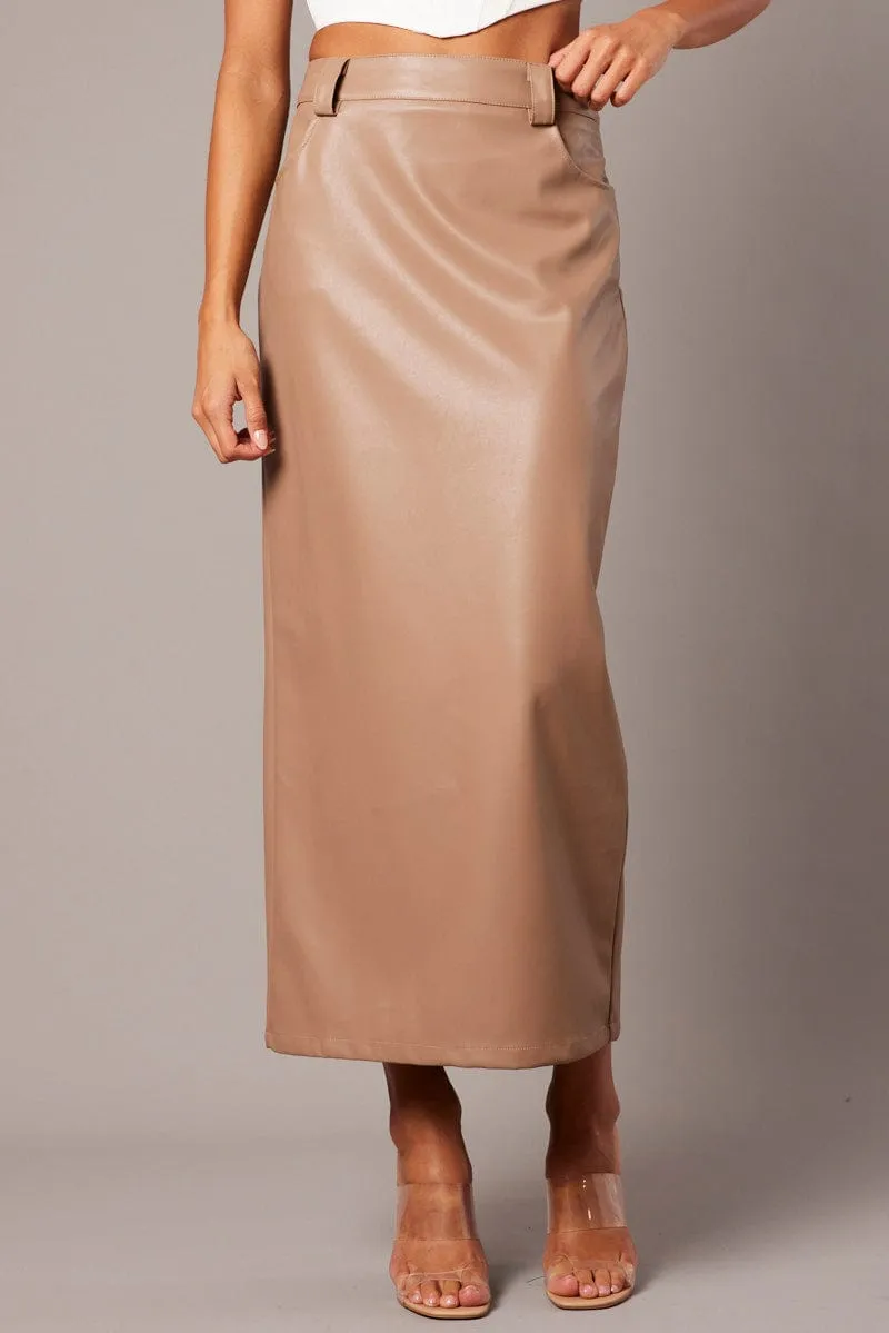Photoshoot Ready High Waist Brown Midi Skirt Faux Leather