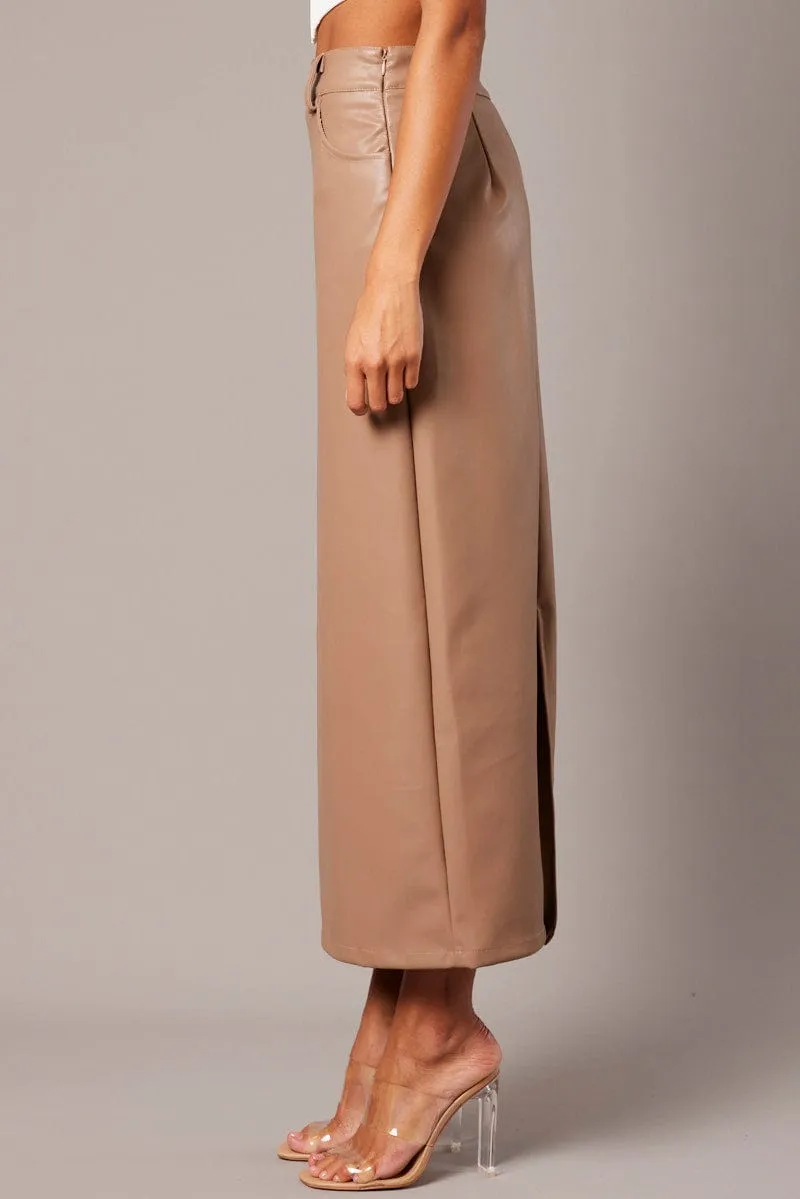 Brown Midi Skirt Faux Leather Knee Length