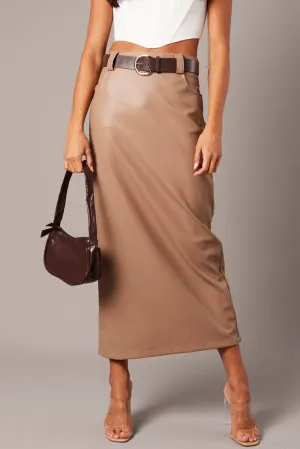 Brown Midi Skirt Faux Leather Wrap Closure