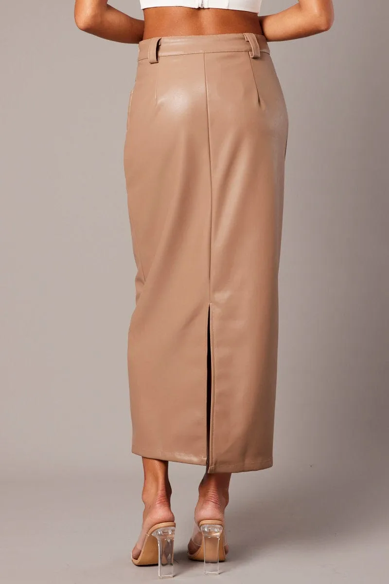 Brown Midi Skirt Faux Leather Chill Feel