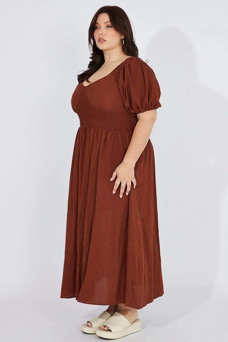 Perfect Shape Confident Girl Brown Midi Dress Puff Sleeve Front Split