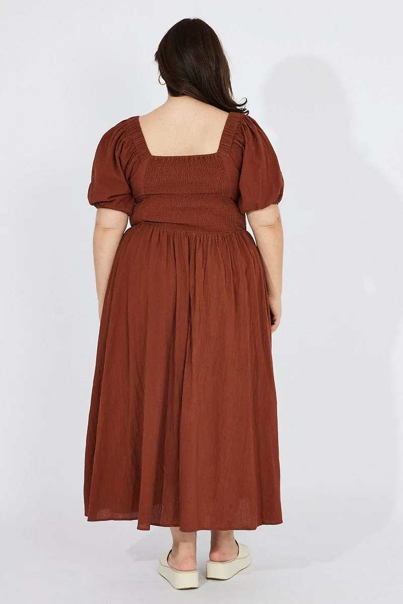 Brown Midi Dress Puff Sleeve Front Split Vibrant color midi