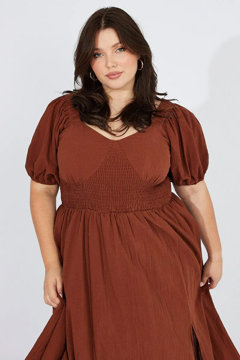 Brown Midi Dress Puff Sleeve Front Split Subtle Elegance