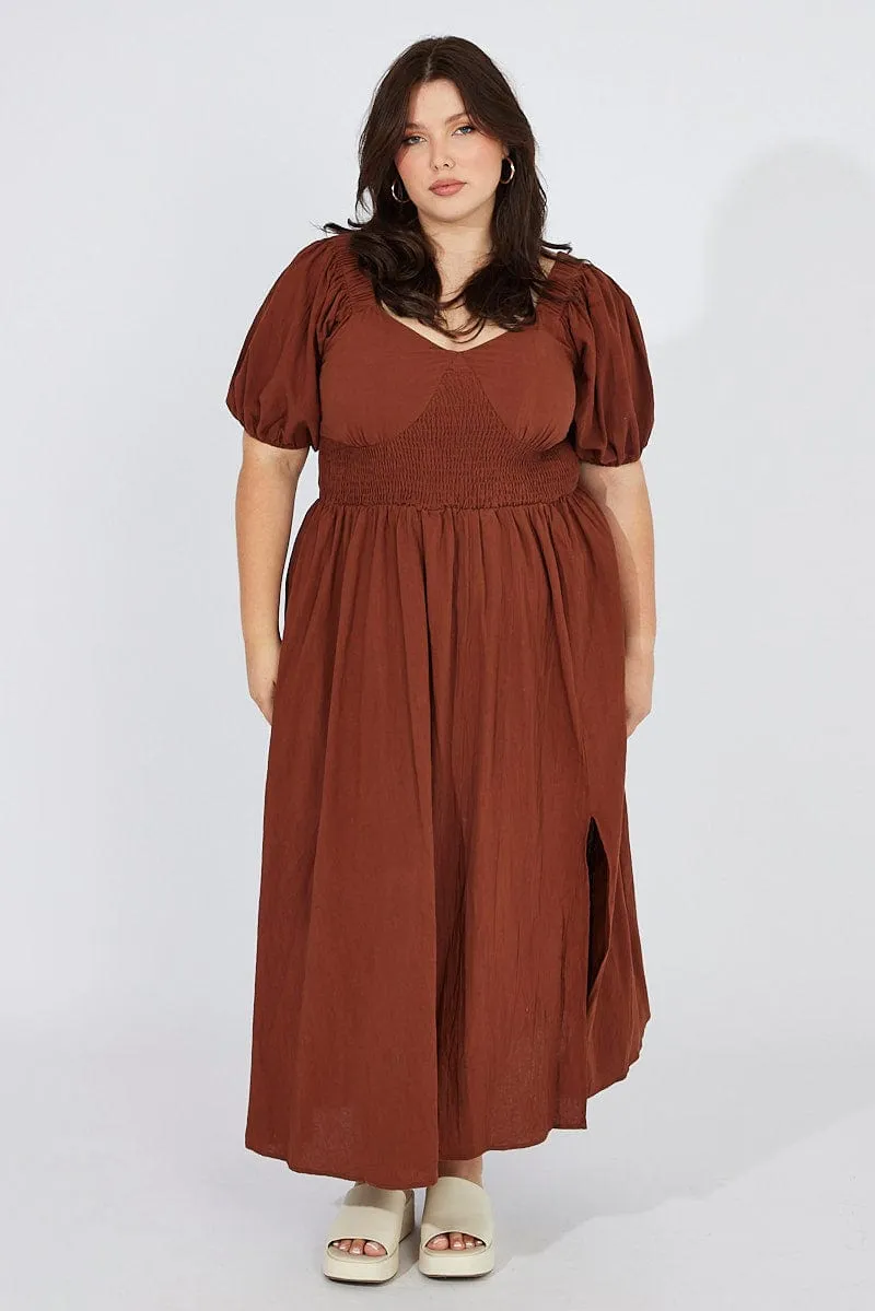 family gathering Soft Ray Brown Midi Dress Puff Sleeve Front Split