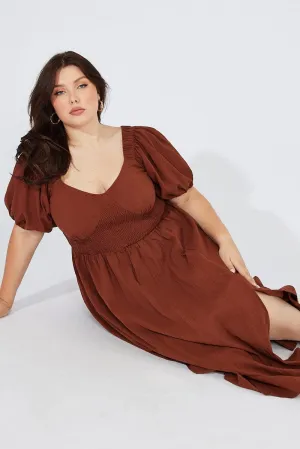 Brown Midi Dress Puff Sleeve Front Split City Roof