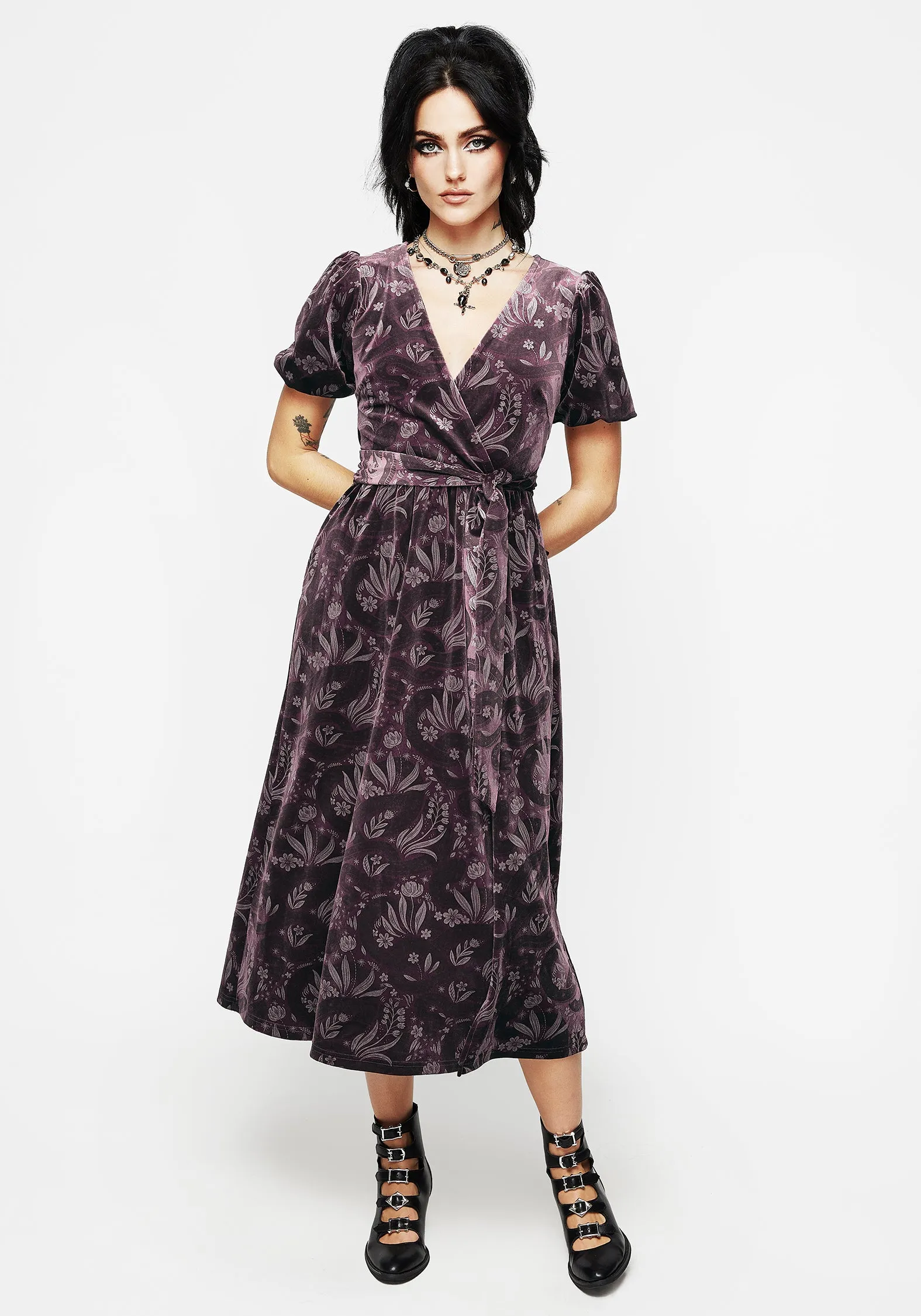 Deception Snake Foil Print Velour Midi Wrap Dress Garden Stroll Rain Path