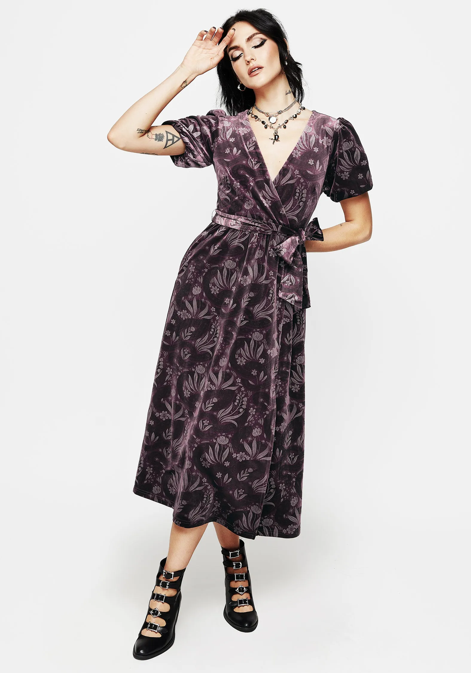 Chic Silhouette Comfortable Style Deception Snake Foil Print Velour Midi Wrap Dress