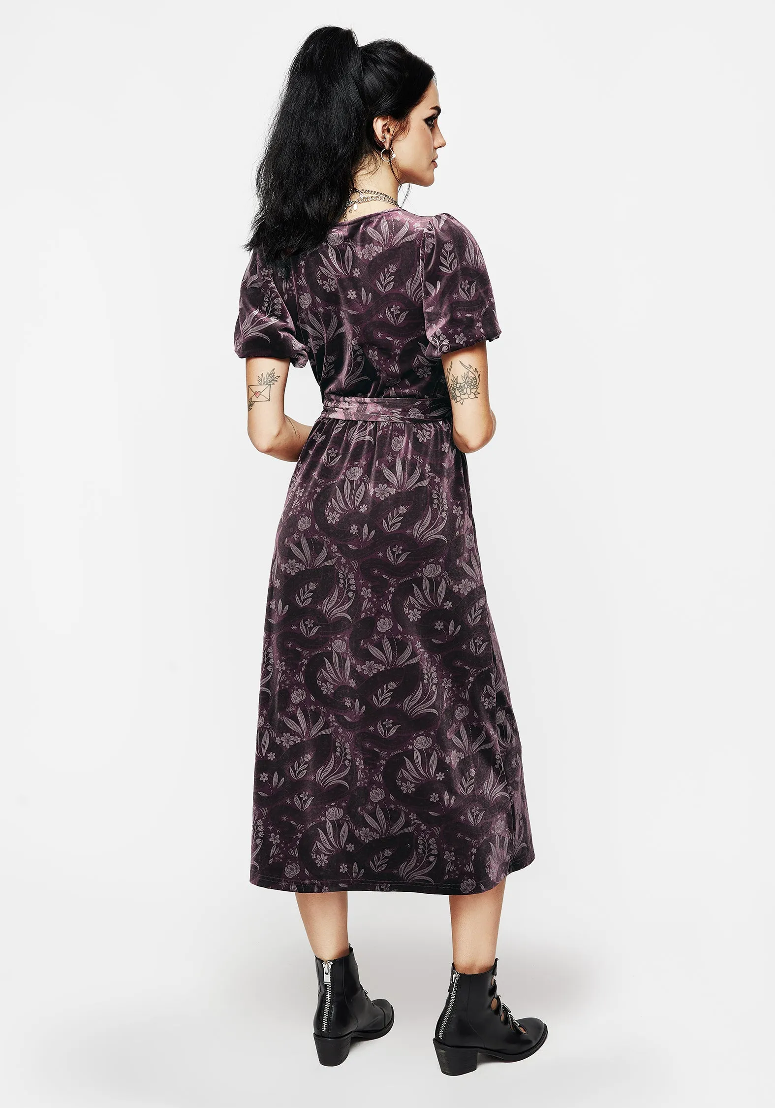 Comfortable fit Edgy Youth Deception Snake Foil Print Velour Midi Wrap Dress