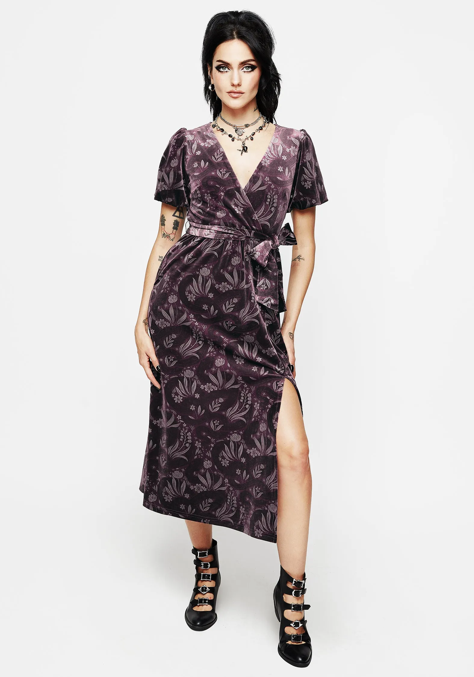 Deception Snake Foil Print Velour Midi Wrap Dress Vibrant dress for weekend outing
