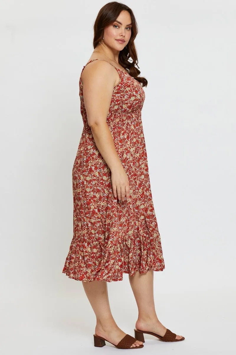 Rain Path Floral Print Midi Dress V-neck Sleeveless