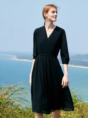V-Neck Pleated Lace Up Wrap Midi Dress Weather Chic