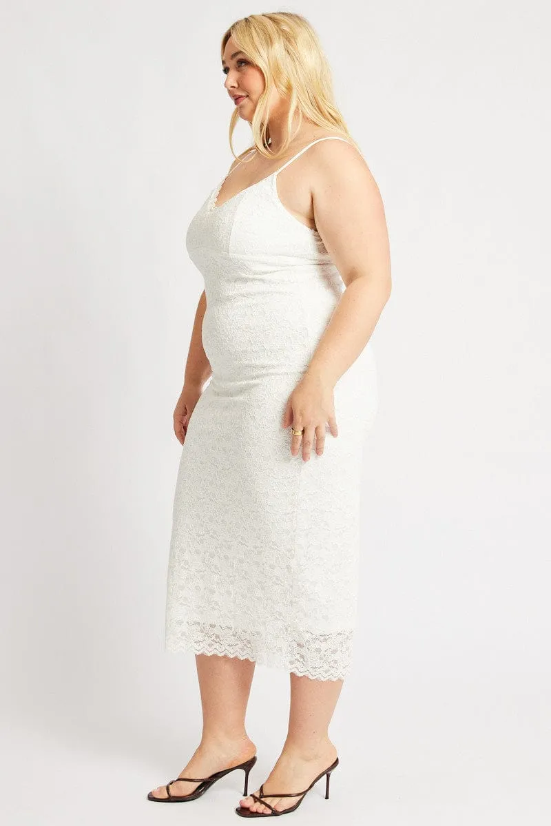 Chic Layers Feminine casual piece White Lace Bodycon Midi Dress