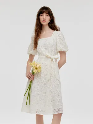 Comfortable formal midi Lace Puff Sleeves Women Midi Dress With Belt