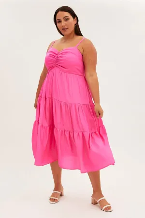 Smart Layer Pink Midi Dress Gather Bust Detail Strappy Matte Satin
