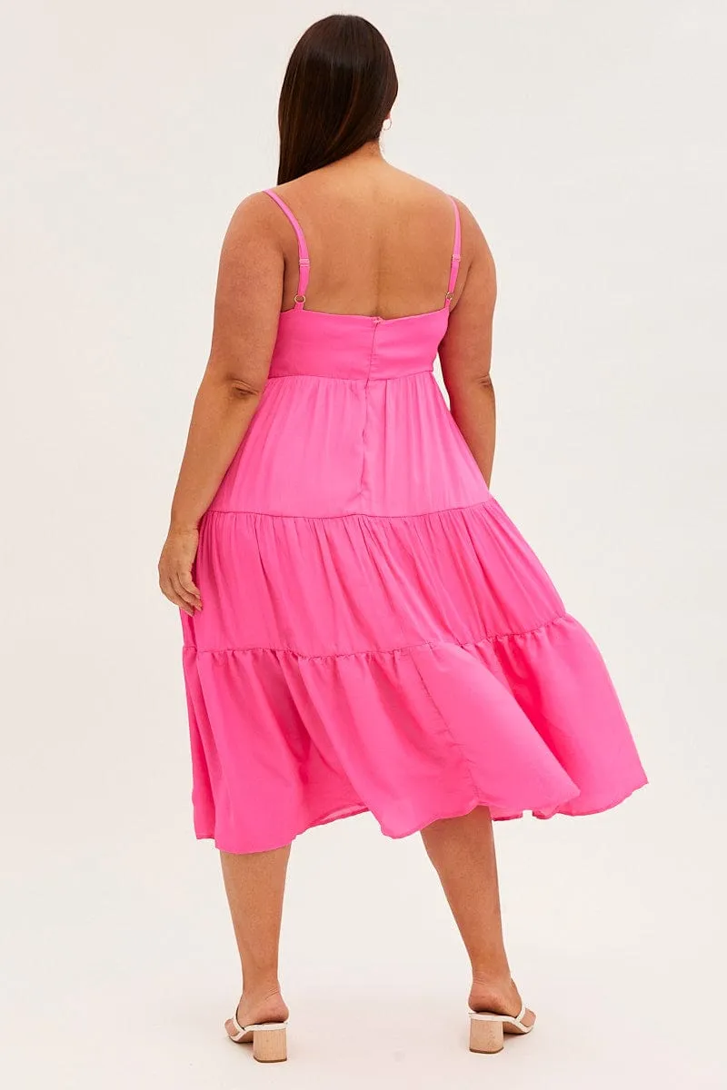 Pink Midi Dress Gather Bust Detail Strappy Matte Satin Trendy Style
