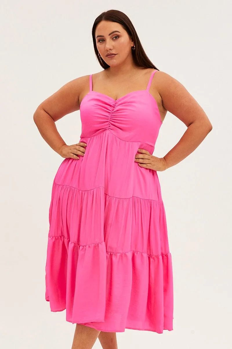 Pink Midi Dress Gather Bust Detail Strappy Matte Satin Chic Design Feel Good