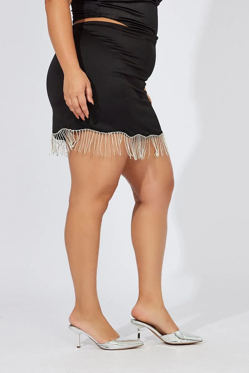 Black Rhinestone Mini Skirt Side Pockets