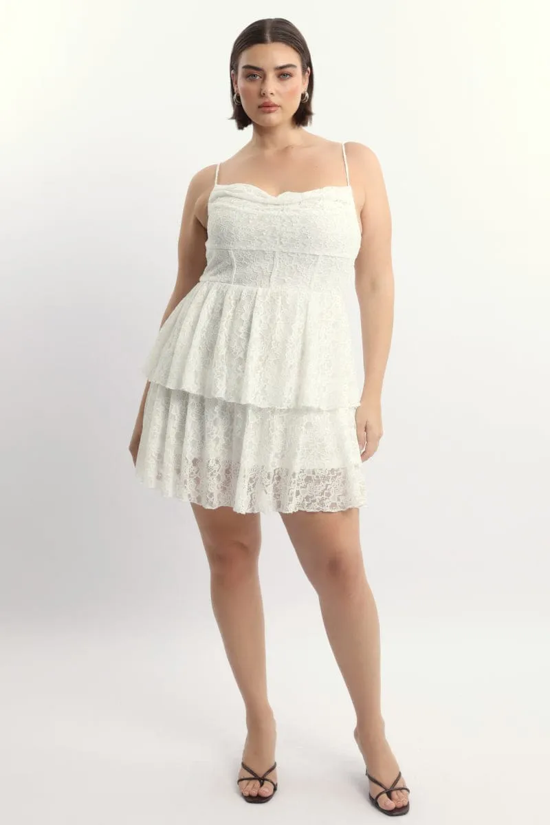 White Lace Corset Mini Dress Playful fabric mini dress Elasticized Cuff Design