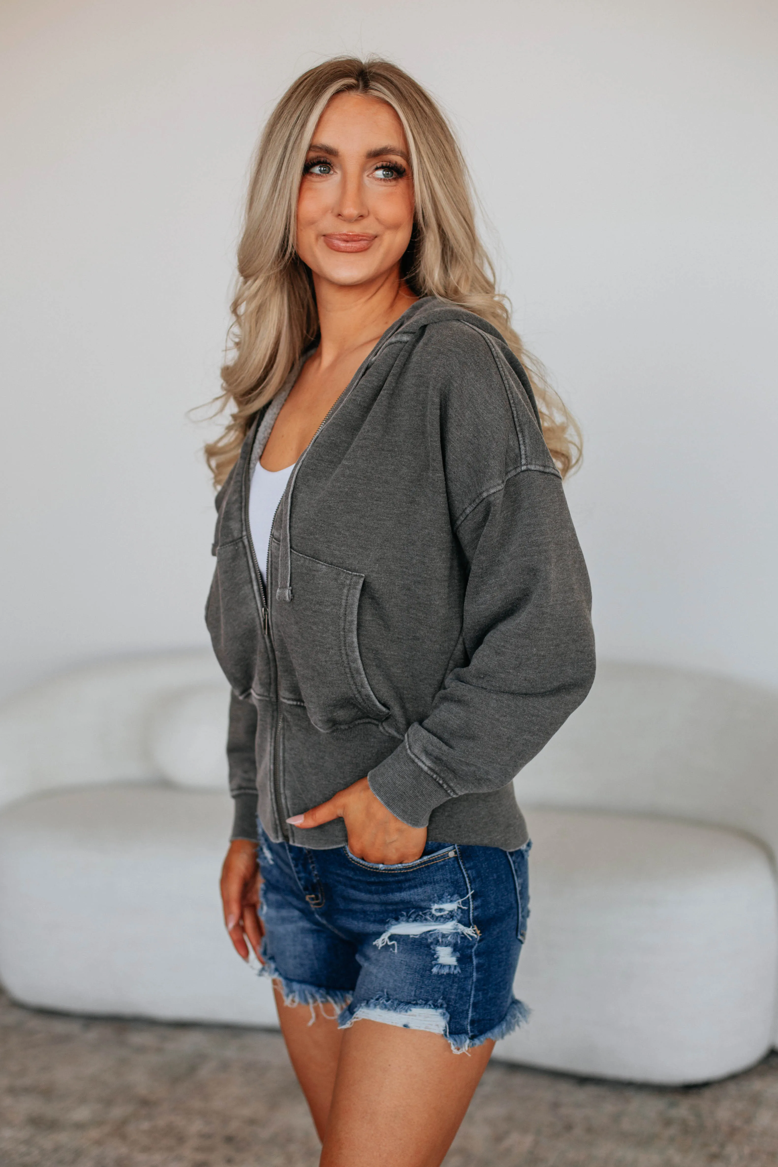 Versatile Scarf Maxwell Washed Zip-Up Hoodie - Charcoal