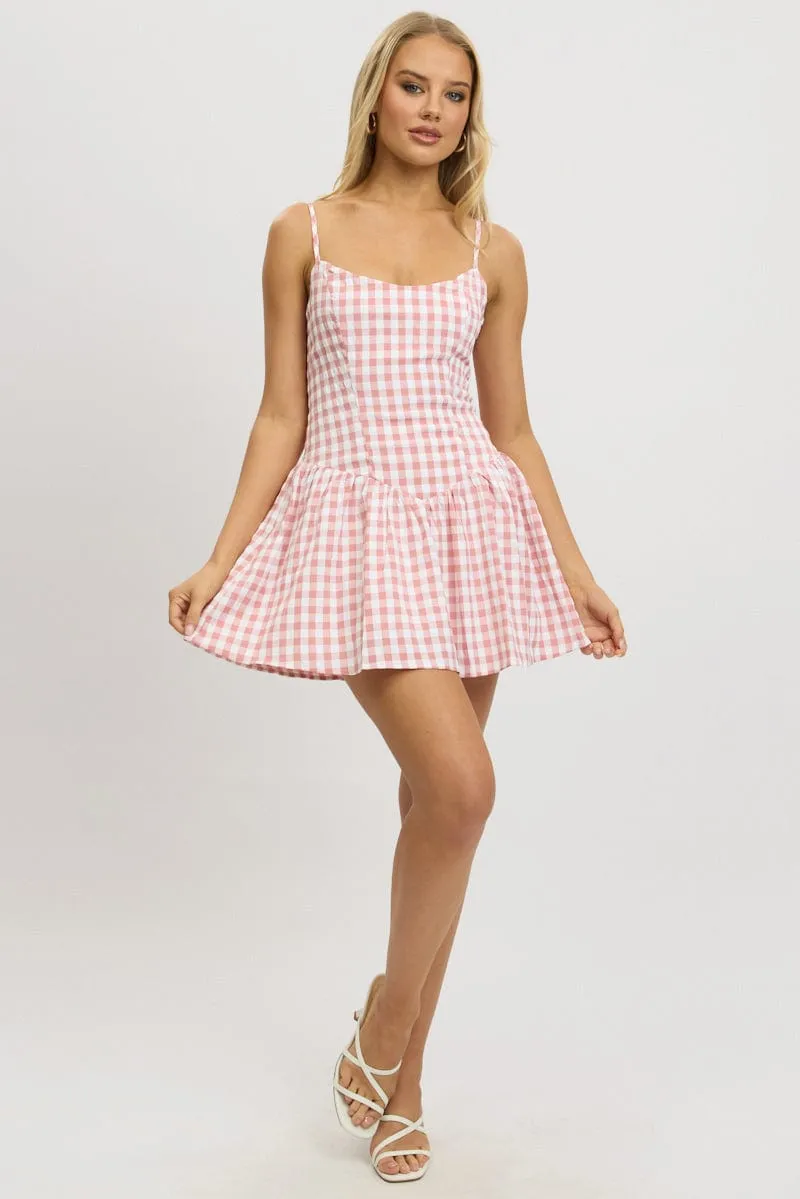 Pink Check Fit And Flare Dress Mini Simple Style Look