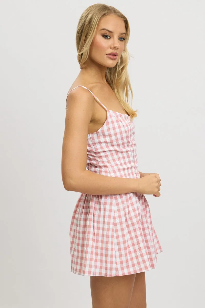 Comfortable party wear Pink Check Fit And Flare Dress Mini