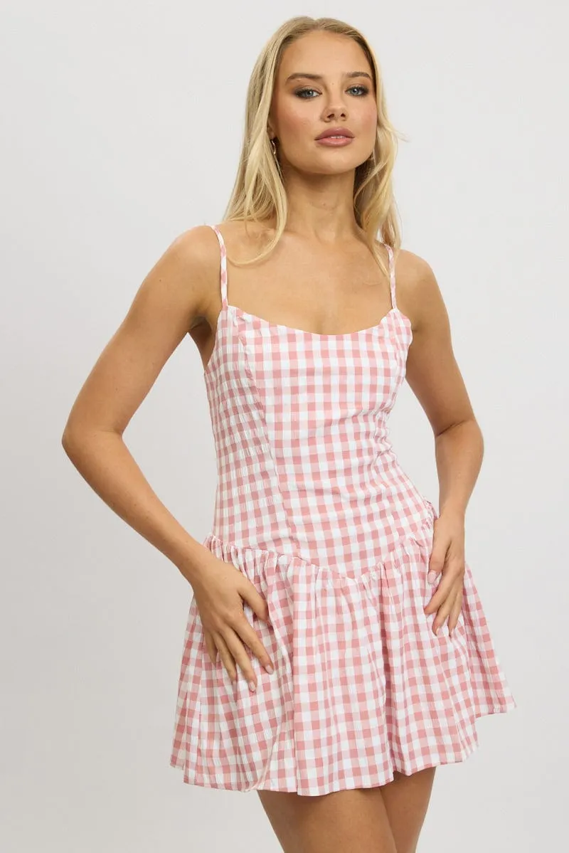 Heat Glow Pink Check Fit And Flare Dress Mini