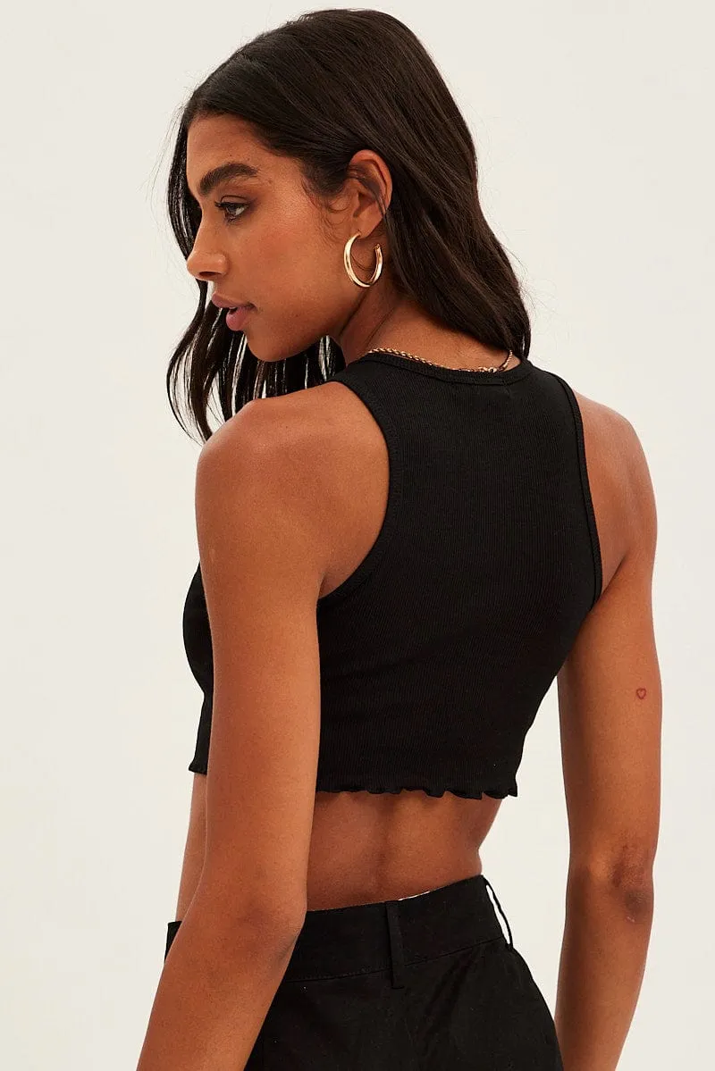 Black Tank Round Neck Embroidery Lettuce Edge Cotton Rib Leather Core