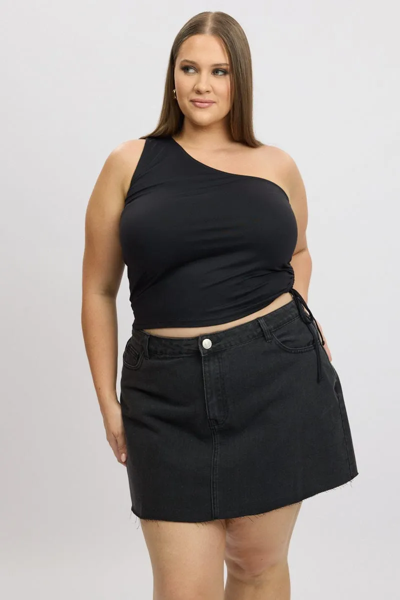 Black One Shoulder Top Ruched Side Lean Glow Rain Fit
