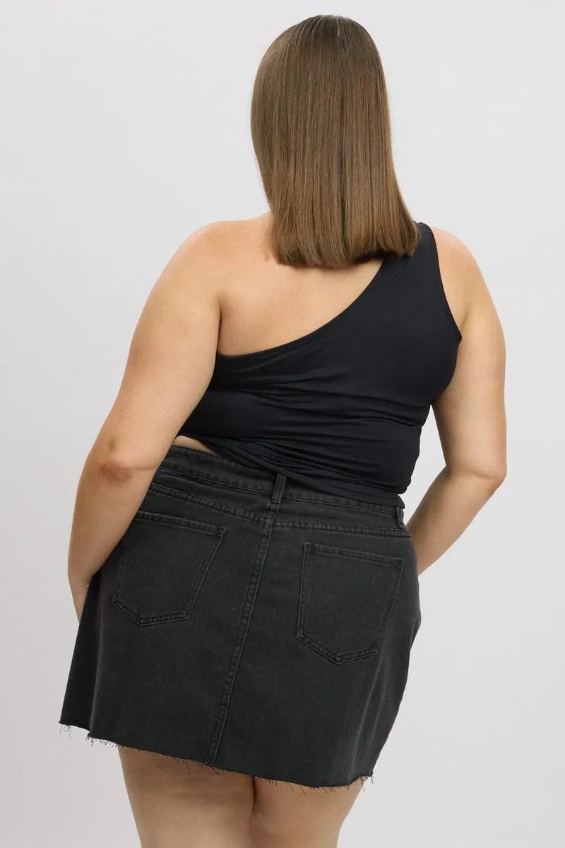 Black One Shoulder Top Ruched Side Water Soul