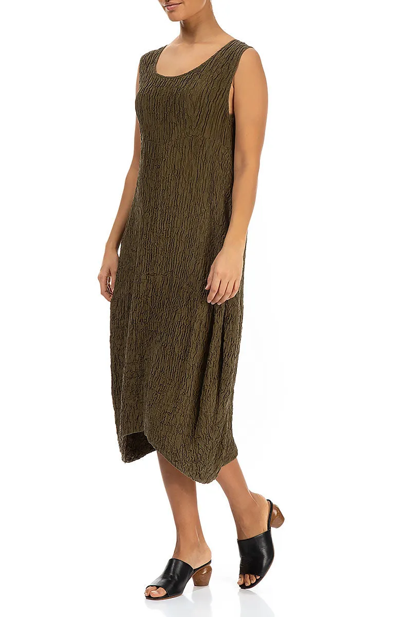 Classic Wear Sleeveless Crinkled Khaki Silk Dress