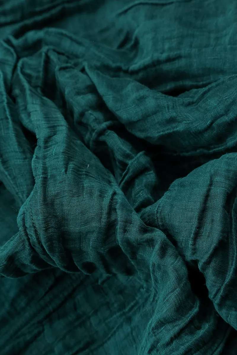 Art Glow V-Neck Crinkled Peacock Silk Linen Dress