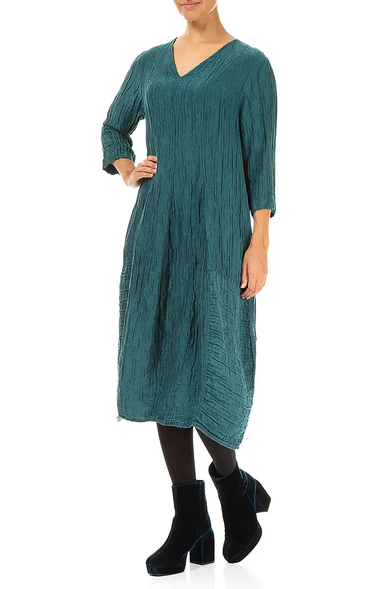 Modern Outfit V-Neck Crinkled Peacock Silk Linen Dress