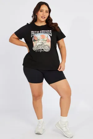 Simple and Relaxed Black Graphic T-shirt Short Sleeve Crew Neck