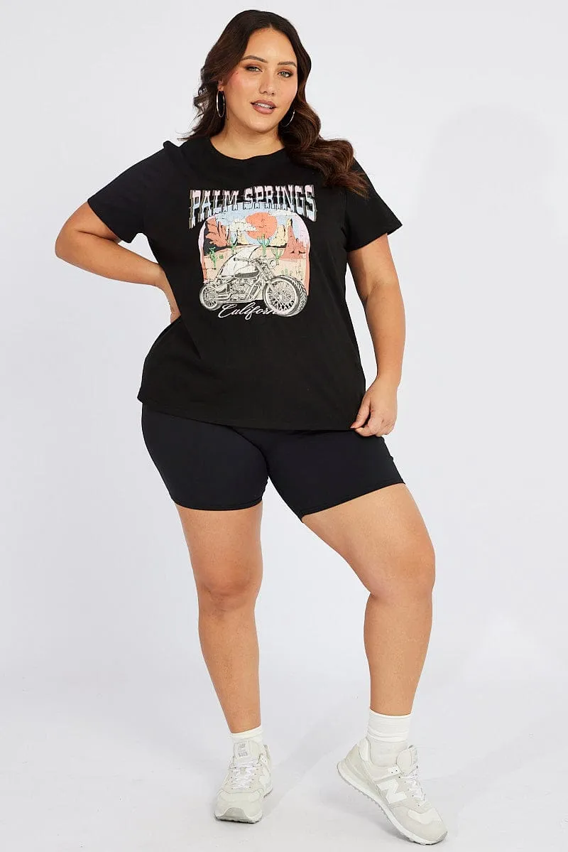 Simple and Relaxed Black Graphic T-shirt Short Sleeve Crew Neck