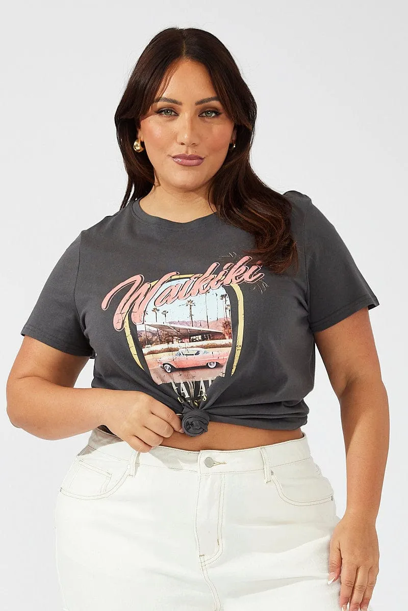 Flexible Cuff Design Grey Graphic T-shirt Short Sleeve Crew Neck