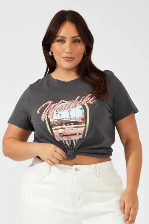 Flexible Cuff Design Grey Graphic T-shirt Short Sleeve Crew Neck