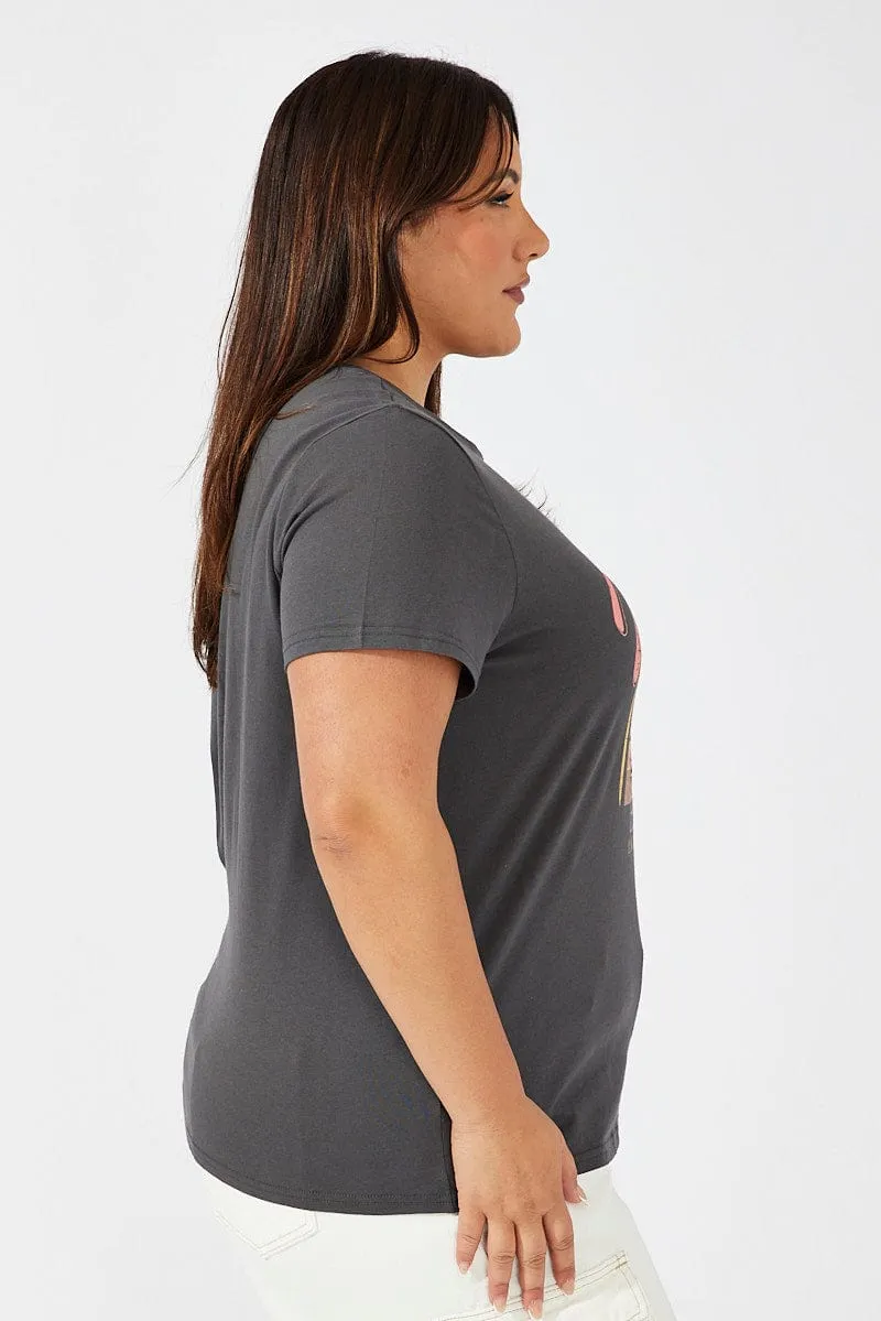 Grey Graphic T-shirt Short Sleeve Crew Neck Timeless Layering Classic Look