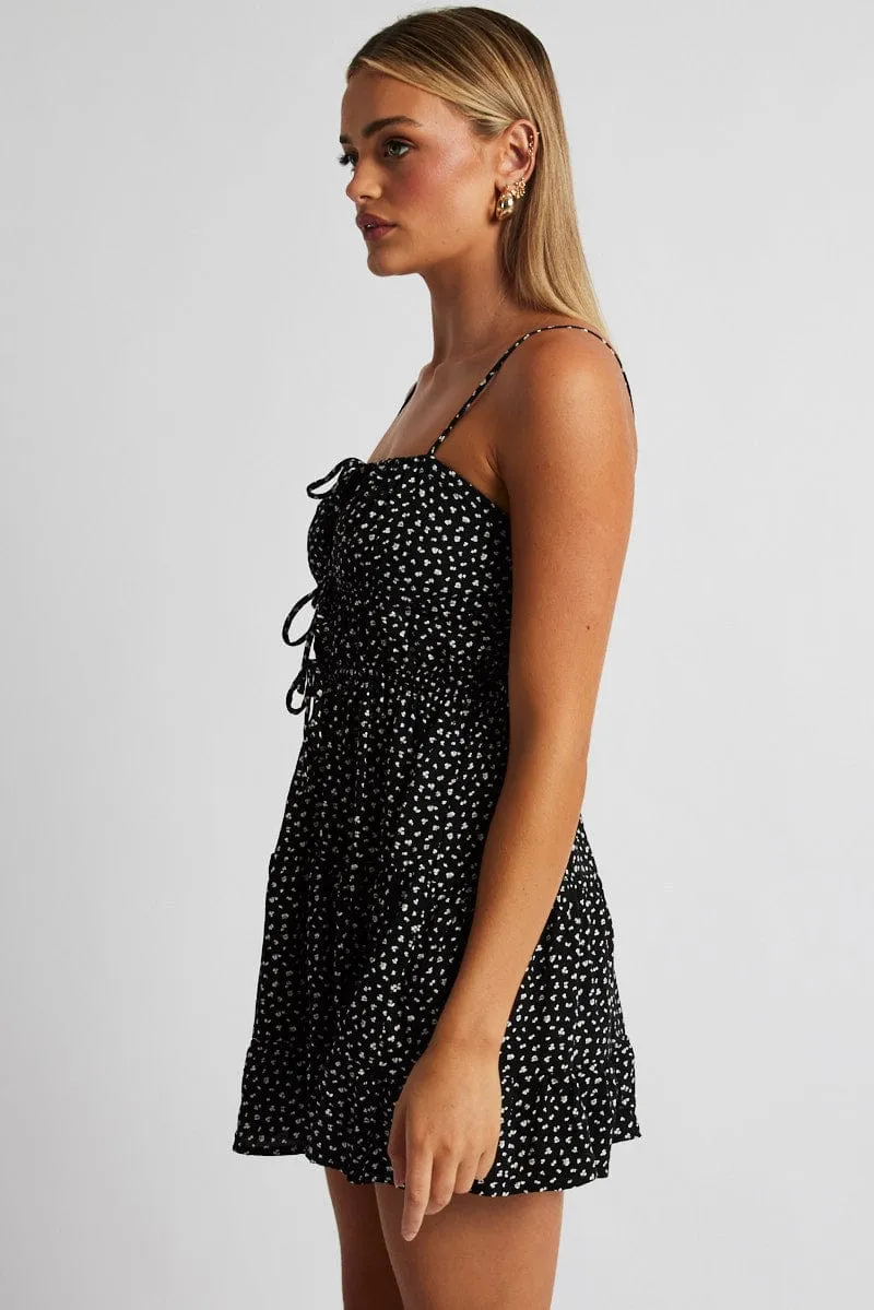 Black Ditsy Fit And Flare Dress Strappy Classic Shirt Casual Day
