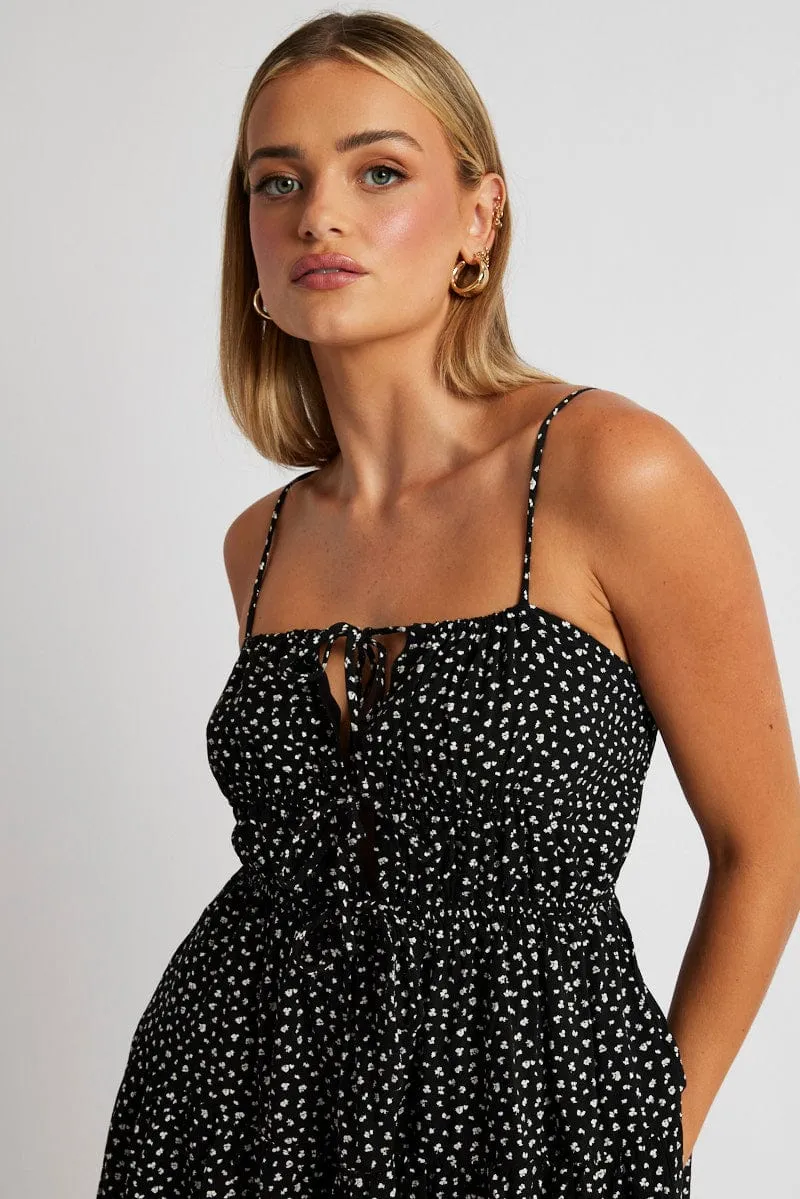 Vision Fit Graceful Design Black Ditsy Fit And Flare Dress Strappy