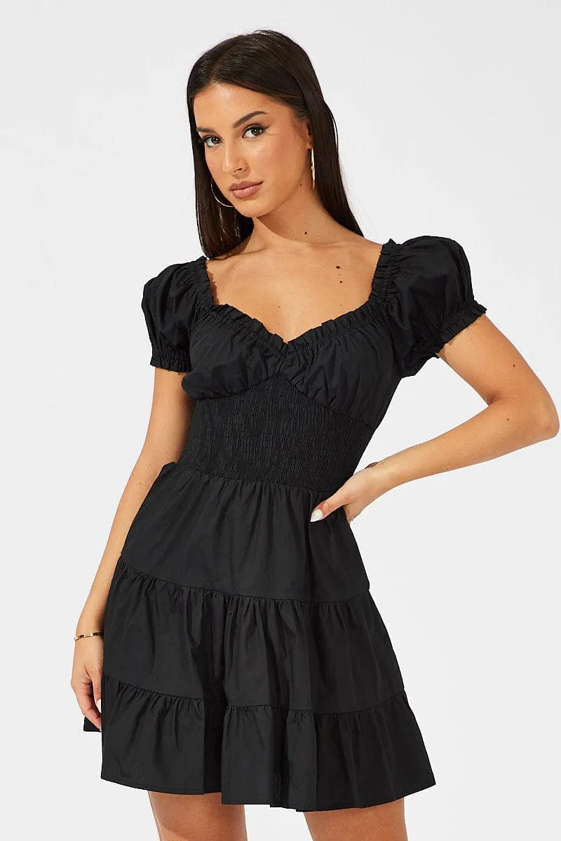 Creative Glow Black Fit and Flare Dress Short Sleeve Shirred Waist
