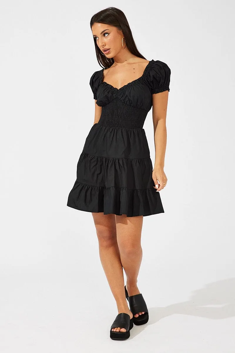AirflowOptimized Leader Fit Black Fit and Flare Dress Short Sleeve Shirred Waist