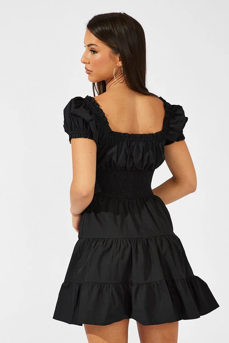 Black Fit and Flare Dress Short Sleeve Shirred Waist WaterRepellent Coating