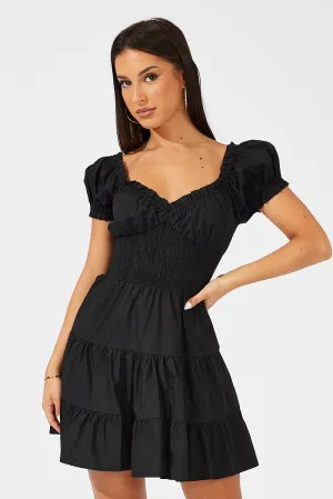 Creative Glow Black Fit and Flare Dress Short Sleeve Shirred Waist