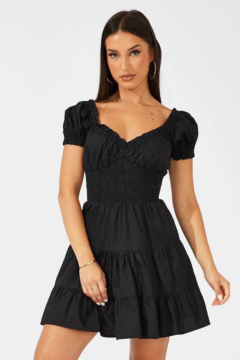All Day Black Fit and Flare Dress Short Sleeve Shirred Waist