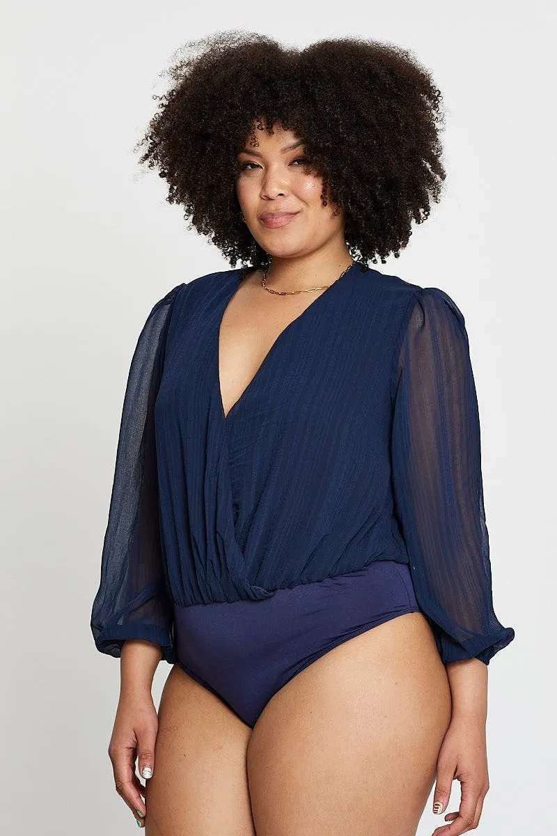 Blue Marl Long Sleeve V-neck Bodysuit Relaxed Fit Air Move